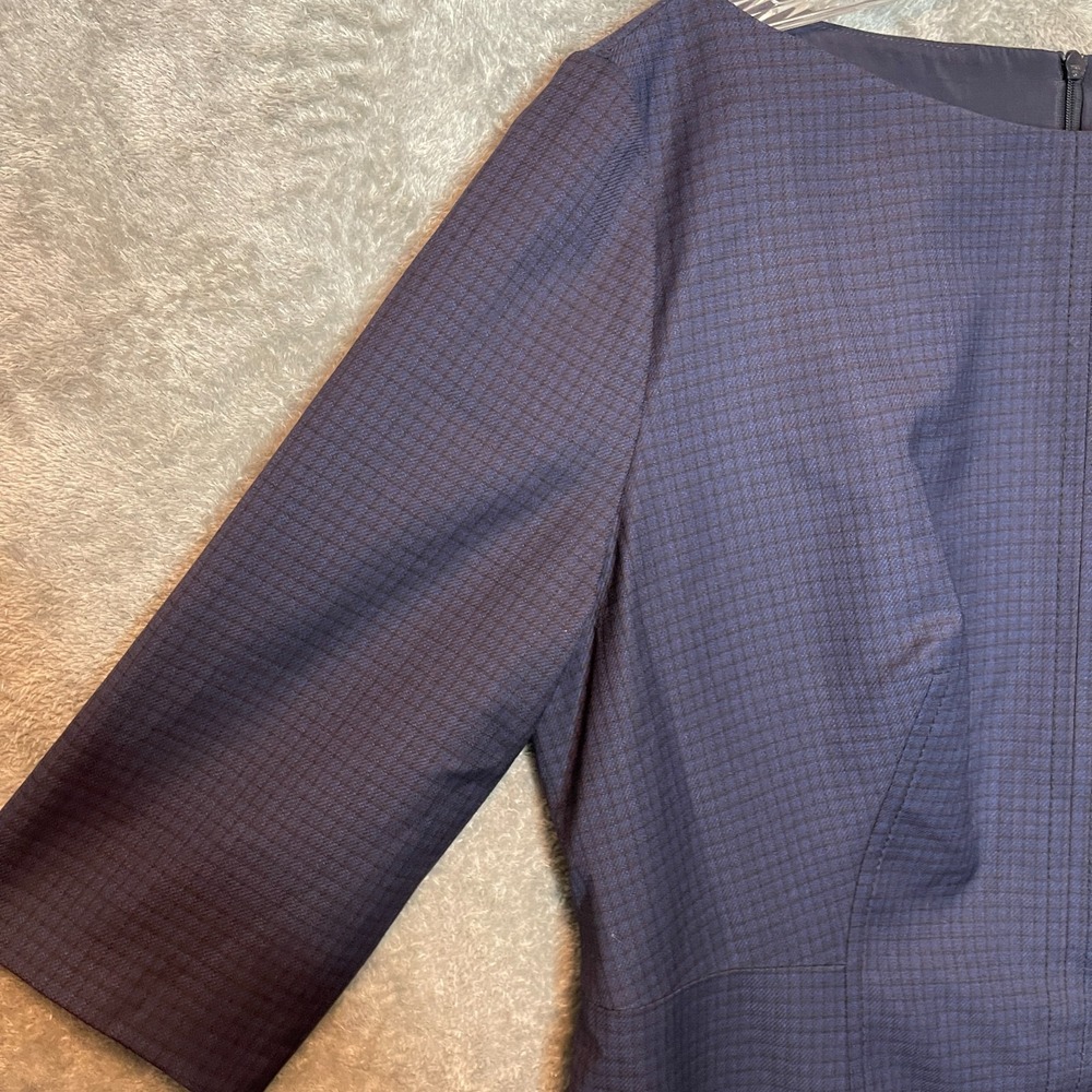 HUGO Boss Women Check Plaid Wool Boat Neck 3/4 Sleeve Sheath Dress 14‎ Blue